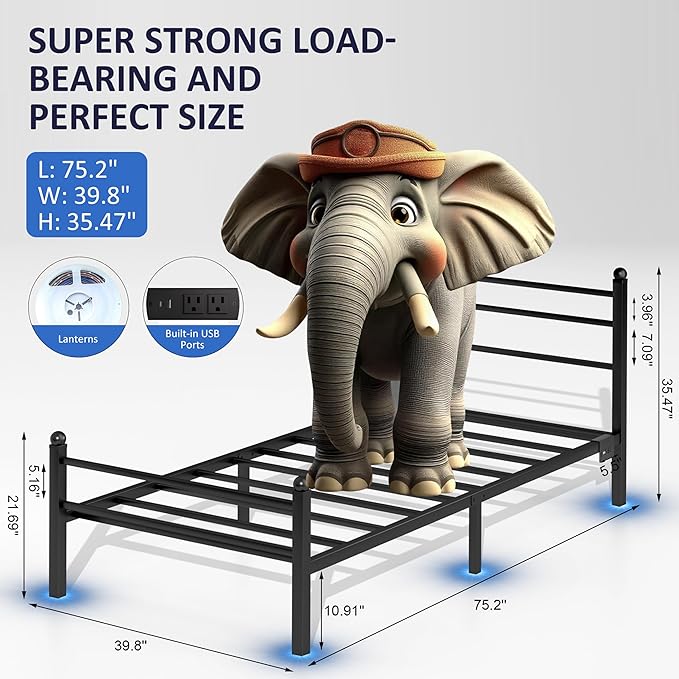 J.Fkne Twin Bed Frame with LED Lights & Charging Station, Metal Platform Bed with Headboard, Heavy Duty Metal Slats, No Box Spring Needed, Noise Free, Easy Assembly, Black