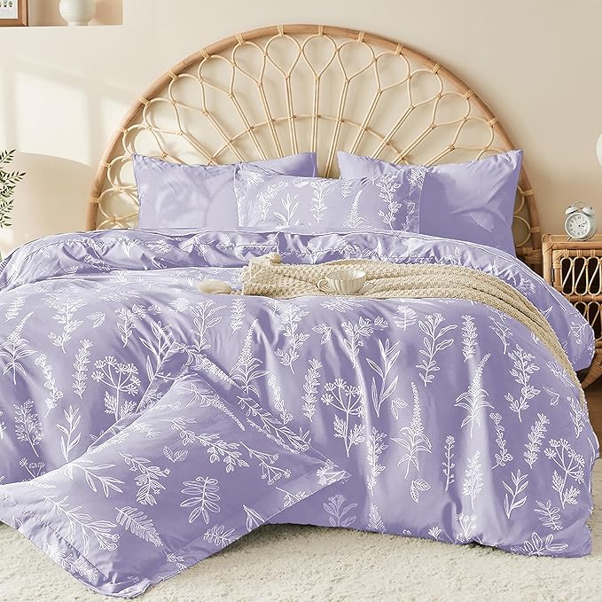 MUXHOMO Duvet Cover Full Size, Reversible Floral Lavender Duvet Cover Set with Zipper Closure, 3 Pieces Botanical Patterns Soft Microfiber Bedding Set with 4 Ties (80"x90", 2 Pillow Cases)