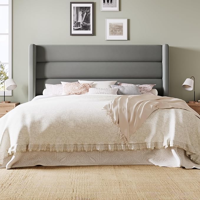 Allewie Full Size Platform Bed Frame with Velvet Upholstered Wingback Headboard, No Box Spring Needed, Under Bed Storage Space, Strong Wooden Slats, Modern Mattress Foundation, Easy Assembly, Grey