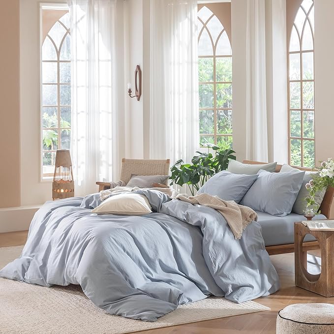 MooMee Bedding Duvet Cover Set 100% Washed Cotton Linen Like Textured Breathable Durable Soft Comfy (Heathered Cornflower Blue, Alaska King 132"x120")
