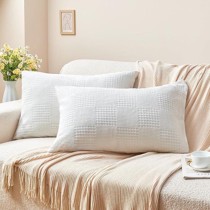 BEDELITE Flannel King Size Pillow Cases Set of 2, Decorative Waffle Weave Fleece Pillowcasess with Zipper for Bedroom, Sofa, Luxury Cozy Pillow Shams for All Seasons(20x40 Inches, White-Waffle)