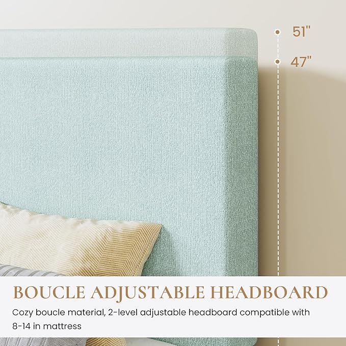 SHA CERLIN Queen Size Platform Bed Frame with Adjustable Headboard and Wooden Slats Support, Boucle Upholstered Mattress Foundation, No Box Spring Needed, Easy Assembly, Ice Blue