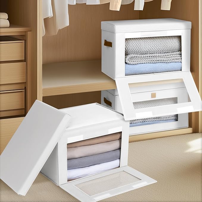 Homsorout Large Clothing Storage Bins - Collapsible Boxes with Handles & Window, Decorative Organizer Bins with Lids, Fabric Containers for Living Room, Dorm, 2 Pack, White
