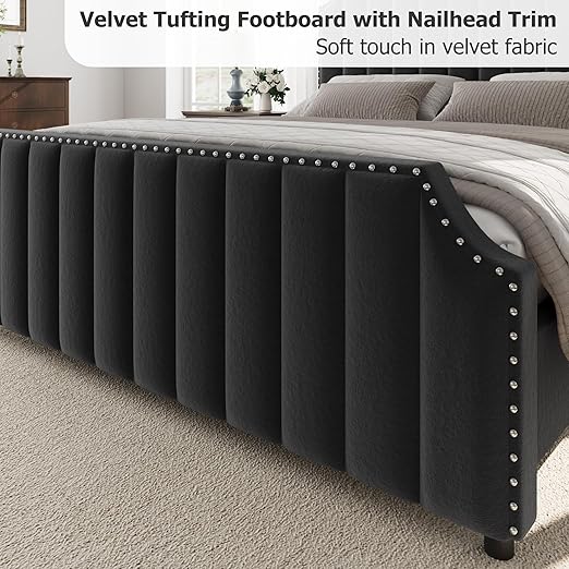 GarveeHome Queen Size Platform Bed Frame with 50.2 in Tall Headboard, Velvet Upholstered Bed Frame with Vertical Channel Tufted Headboard & Footboard, Nailhead Trim, No Box Spring Needed, Black