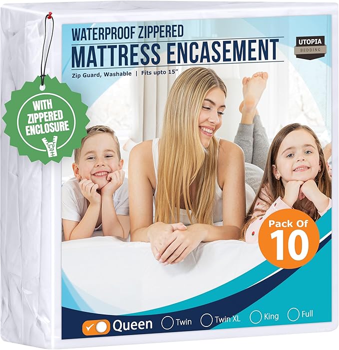 Utopia Bedding Queen Mattress Protector Zippered (Pack of 10), 100% Waterproof Bed Bug and Dust Mite Proof Mattress Encasement, Absorbent 6 Sided Mattress Cover