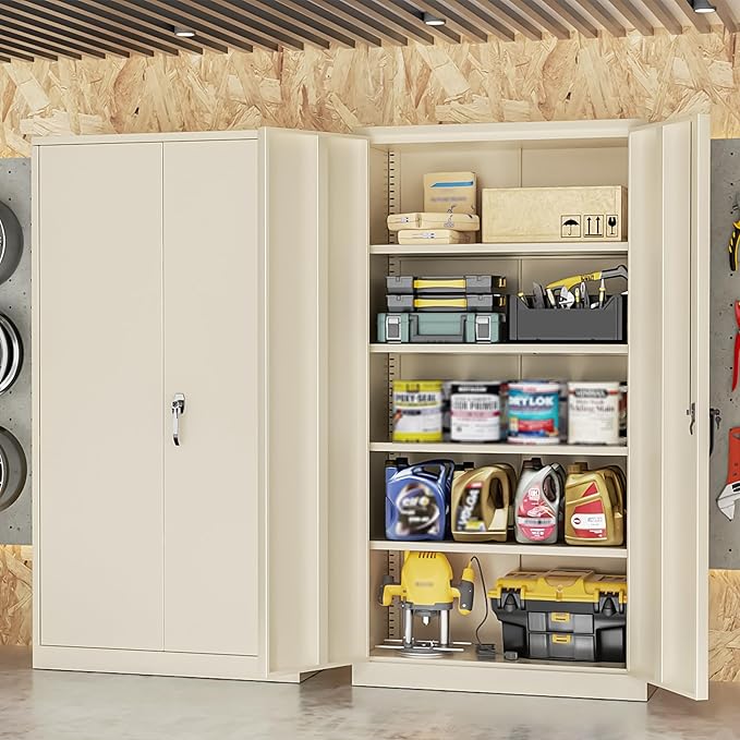 INTERGREAT Tall Metal Storage Cabinet Locking Steel with 4 Adjustable Shelves,72" Lockable Cabinets Lock 2 Doors for Office Garage Supply Home (Cream Gray)