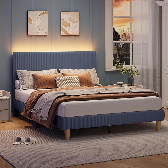 Bestier Queen Bed Frame with Headboard,Platform Queen Size Bed Frame with LED Lighting,Bed Frame Wooden Slats Support,No Box Spring Needed,Never Squeaks, Easy Assembly,Blue