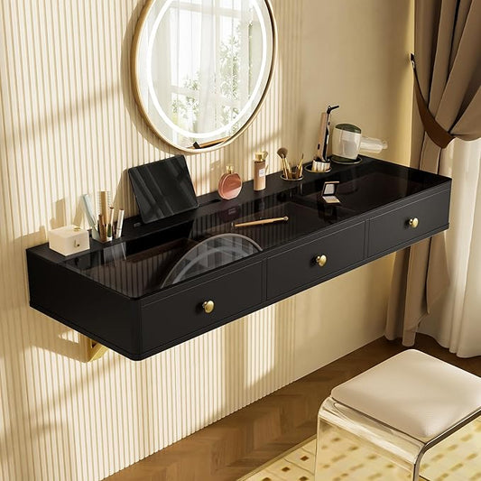 Multi-Purpose Wall-Mounted Vanity Table, 47" Floating Shelf with Three Drawers, Electronic Equipment Holder, Mounted Desk, Floating Table for Bedroom, Bathroom, Hairdressers