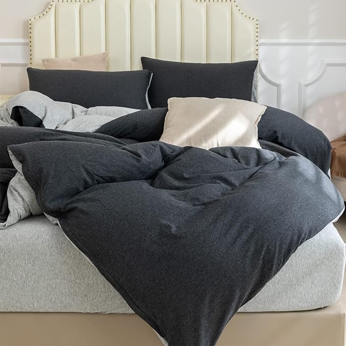 PURE ERA Jersey Knit Duvet Cover Set 100% T-Shirt Cotton Super Soft Comfy 3pc Bedding Set with Zipper Closure (Heather Charcoal Grey/Grey, King)