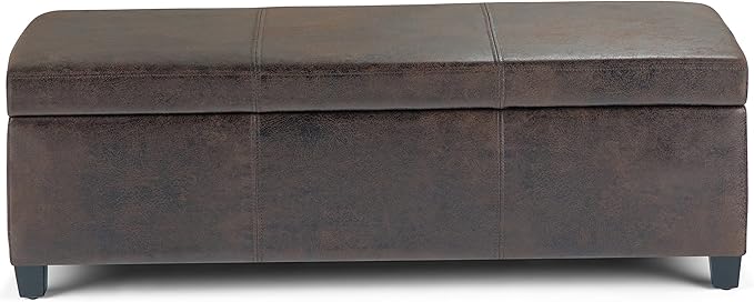 SIMPLIHOME Avalon Storage Ottoman Bench - 48" Wide x 16" High Upholstered Vegan Leather Rectangular Lift-Top Ottoman in Distressed Brown, Contemporary Bench for Living Room with High-Density Foam