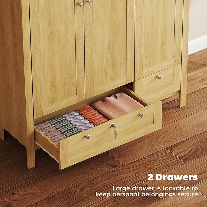 HOMCOM 3 Door Armoire Wardrobe Closet with 2 Drawers, 69" Clothing Storage Cabinet with Lockable Large Drawer, Hanging Rod and Storage Shelves for Bedroom, Wardrobe Cabinet, Natural