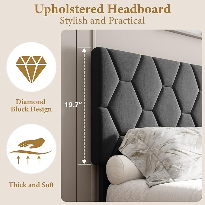GarveeHome Grey Twin Bed Frame with Upholstered Headboard, Upholstered Bed Frame, Heavy-Duty Platform Bed Frame with Adjustable Headboard, Strong Wood Slat Support/No Box Spring Needed/Noise Free