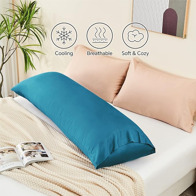 BEDELITE Body Pillow Case Cover, Rayon Made from Bamboo, Cooling Body Pillow Cover for Hot Sleepers and Night Sweats, Breathable & Silky Soft Full Long Pillow Case (Teal, 20x54 Inches)
