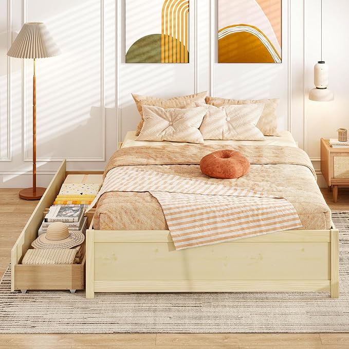 Giantex Full Size Bed Frame with 2 Storage Drawers, Solid Wood Platform Bed with Slats Support, Heavy Duty Daybed with Storage, No Box Spring Needed, Full Bed Frames for Teens Adults, Natural