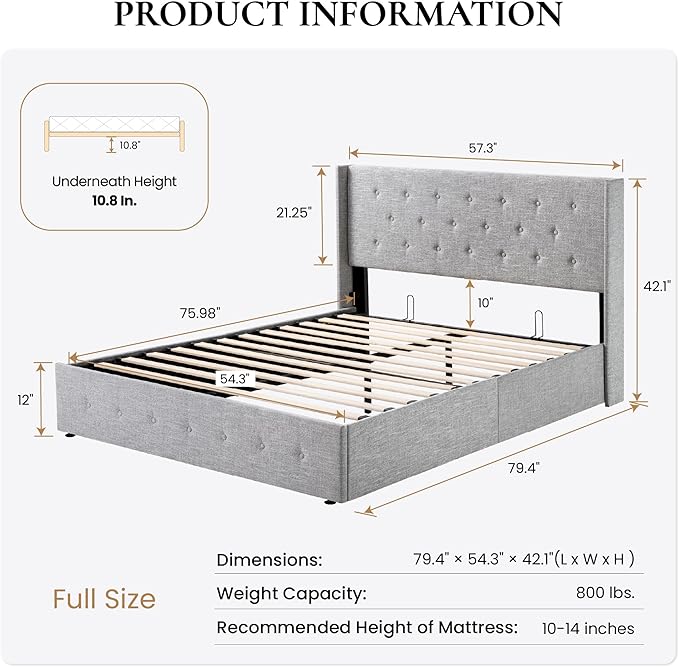 SHA CERLIN Full Size Lift Up Storage Bed Frame,Button Tufted Wingback Headboard,Upholstered Platform,Hydraulic Storage,Wooden Slat Support,No Box Spring,Light Grey