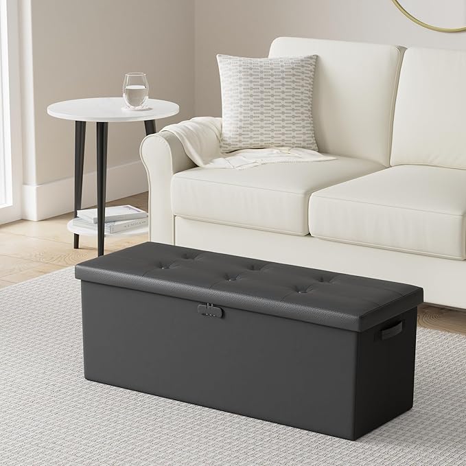 ENGPOW Storage Ottoman, Fireproof Folding Bench with Lock(15”x 43”x15”), Water-Resistant ＆ Heat Insulation Large Storage Chest with Handles＆2 Extra Boxes Safe for Living Room, Bedroom, Home, Black