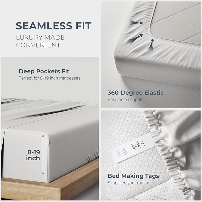 THREAD SPREAD 100% Egyptian Cotton Sheets California King Size - 1500 Series Cal King Sheets Egyptian Cotton (4 PC, Light Grey), Silky Soft, Sateen Weave, Cooling & Breathable, 17" Deep Pocket Bed Set