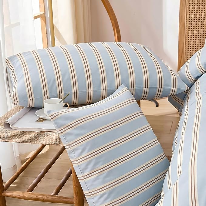 Merryword King Size Pillowcases, 100% Cotton Pillow Cases, Light Blue Striped Pillowcases, Soft Breathable Ribbon Stripe Pillow Covers, Set of 2