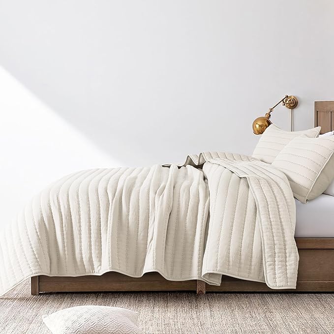 ROARINGWILD Ivory Queen Size Quilt Bedding Sets with 2 Pillow Shams, Full Lightweight Soft Bedspread Coverlet, Quilted Blanket Thin Comforter Bed Cover for All Season, 3 Pieces, 90x90 inches