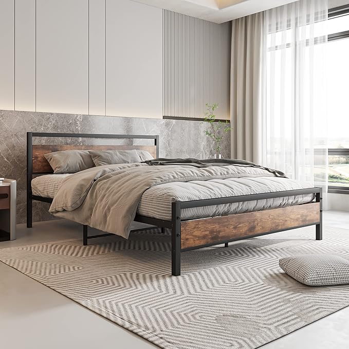 HOJINLINERO Queen Bed Frame with Headboard,Metal Platform Bed Frame Queen Size with Storage No Box Spring Needed,Heavy Duty Steel Slats,Bedframe Mattress Foundation,Black & Rustic Brown