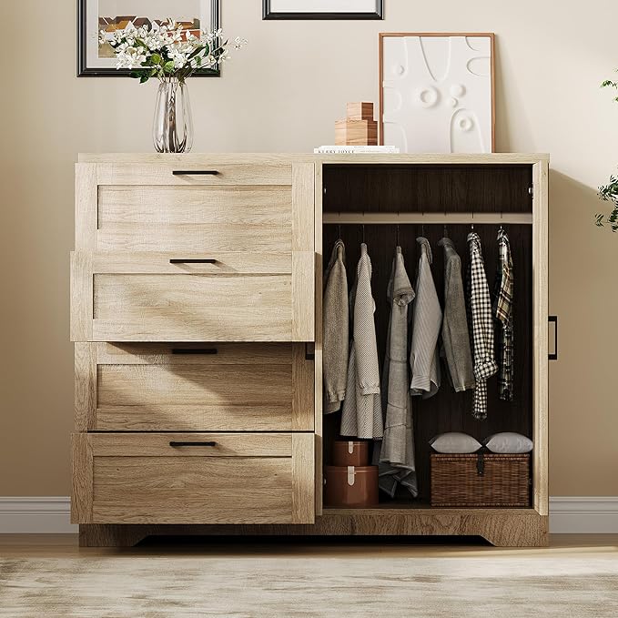 GarveeHome Multifunctional Wooden Dresser for Bedroom, 43.3 in H 2 Door Wardrobe Armoire Closet with 4 Drawers and Hanging Rod, Low Storage Cabinet for Hanging Cloth, Natural Oak
