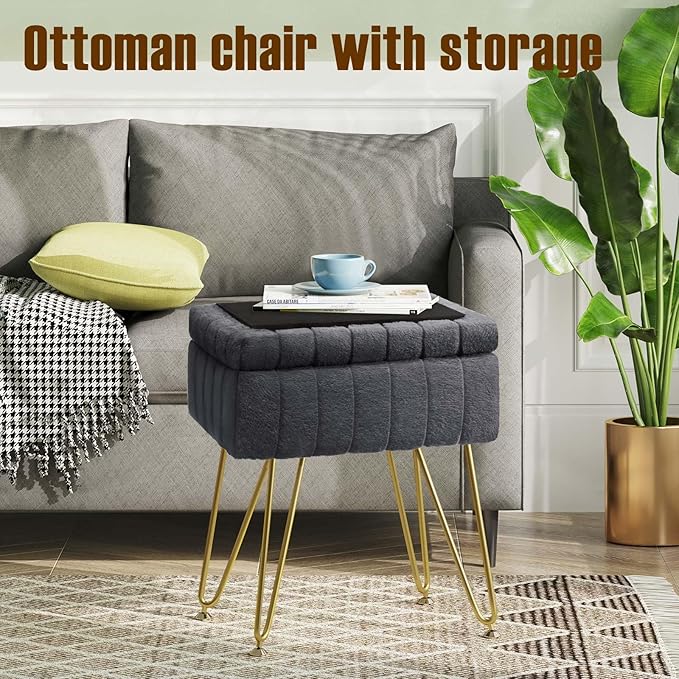Greenstell Vanity Stool Chair Faux Fur with Storage,15.7"L x 11.8"W x 19.4"H Soft Ottoman 4 Metal Legs with Anti-Slip Feet, Furry Padded Seat, Modern Multifunctional Chairs for Makeup, Bedroom Grey
