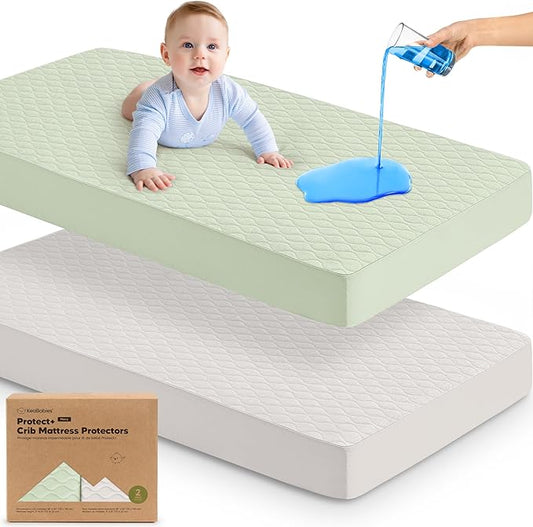 2-Pack Waterproof Crib Mattress Protector Cover Fitted - Quiet Baby Crib Mattress Pad Sheets, 52" x 28" Soft Quilted Cotton Baby Sheet, Machine Washable, Easy Fit, Durable (Sage/Mavy)
