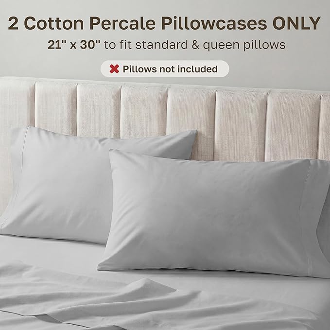 California Design Den Standard/Queen Pillowcases Set of 2-100% Egyptian Cotton, Crisp Percale Feel, Soft & Breathable Standard/Queen Size Pillow Covers - Light Grey