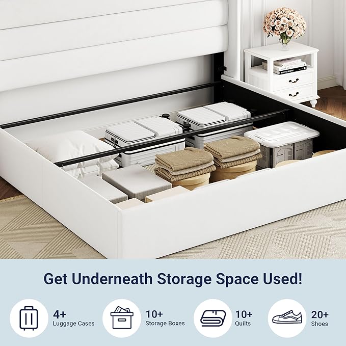 Allewie King Size Velvet Lift Up Storage Bed, Modern Wingback Headboard, Hydraulic Support, No Box Spring Needed, White