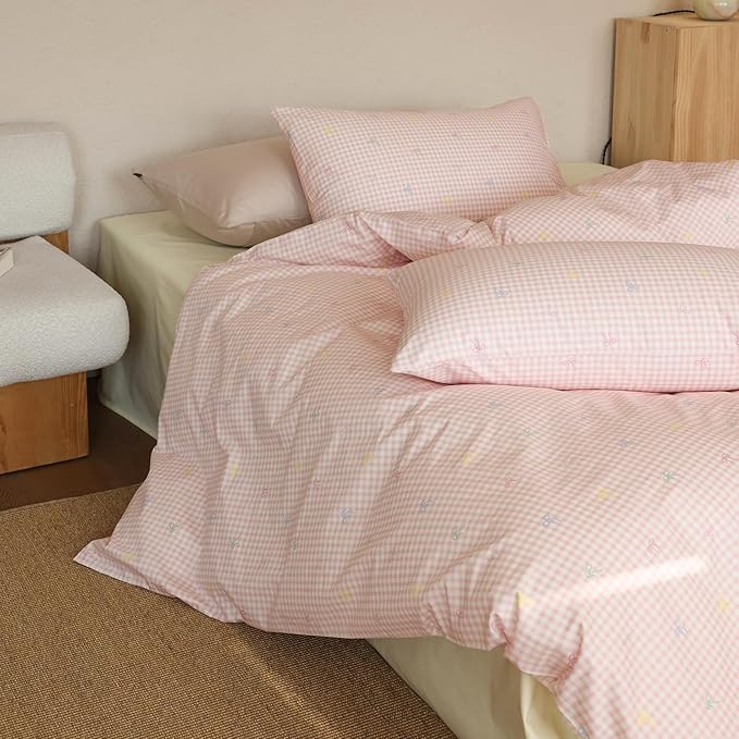 mixinni Gingham Duvet Cover Twin XL Size, 100% Cotton Light Pink and White Gingham Bedding Set for Girls, Cute Bow Print Soft Aesthetic Cottagecore Bedding 3 Pieces (1 Duvet Cover + 2 Pillowcases)