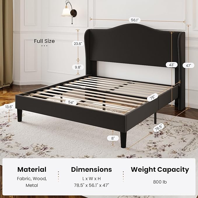 SHA CERLIN Full Size Velvet Platform Bed Frame with Elegant Wingback Headboard, Modern & Luxurious Design, Sturdy Wooden Slats, No Box Spring Required, Easy Assembly, Noise-Free, Soft Black