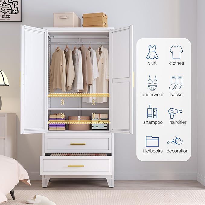 GAIOUS Steel Armoire Wardrobe Closet with Mirror, 71" Metal Clothes Storage Cabinets with 2 Doors, 1 Adjustable Shelf, 2 Drawers, Metal Wardrobe Cabinet with Hanging Rod for Bedroom, Gym, Cloak(White)