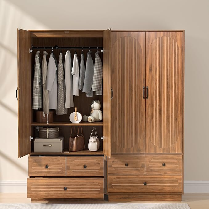 Jluomei Armoire Wardrobe Closet with Doors, Wardrobe Cabinet with 3 Drawers, Wooden Large Clothing Storage Cabinet with Hanging Rod and Shelf, Mid-Century Modern Tall Closet for Bedroom, Walnut | with Doors, Wardrobe Cabinet, with 3 Drawers, with Hangi...