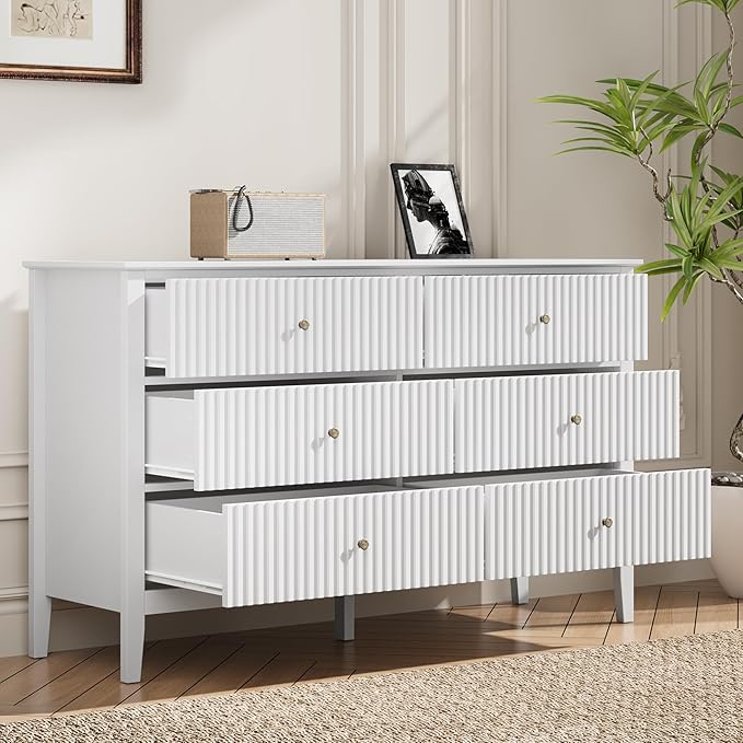 FansaFurn White Dresser Fluted 6 Drawer Dresser Wide Modern Chest of Drawers Large Closet Dressers Wood Storage Dressers Organizer Storage Cabinet for Bedroom Living Room Hallway Entryway