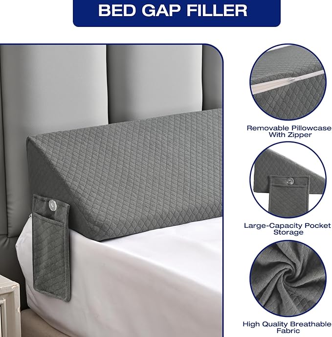 King Size Bed Wedge Pillow for Headboard/Mattress Gap Spacer Filler Stopper Falling Down Long Nora Side Sleeper Pillows, Frame Beds Decorative,Loft Dorm Home Decor Bedding Set Accessories Light Grey