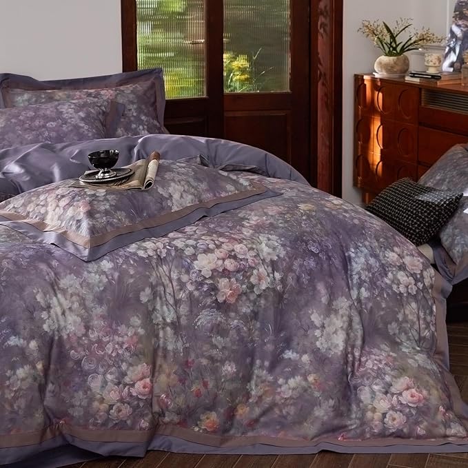 VM VOUGEMARKET Purple Floral Duvet Cover Set Queen,3 Pieces Garden Flower Duvet Cover with 2 Pillow Shams Smooth Silky Long Staple Cotton Bedding Set-Queen,90x90 Inch