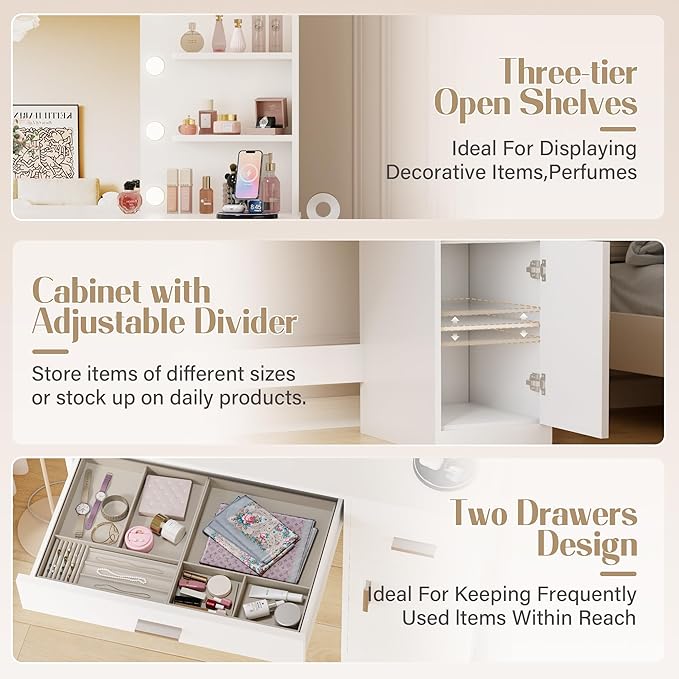 JUMMICO 35.4" Vanity Desk with Mirror and Lights - LED Makeup Vanity Table with Charging Station, 3 Color Adjustable Lights, 3 Drawers & Large Cabinet with Shelves for Bedroom Dressing Room (White)