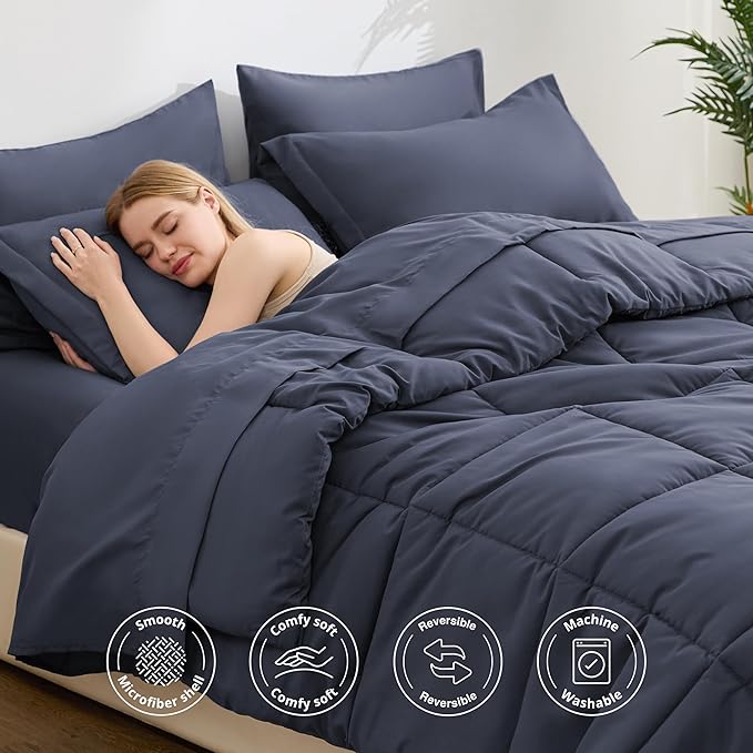 Love's cabin Twin Comforter Set Indigo Blue, 5 Pieces Twin Bed in a Bag, All Season Bedding Sets with 1 Comforter, 1 Flat Sheet, 1 Fitted Sheet, 1 Pillowcase and 1 Pillow Sham | Soft, Breathable, Lightweight, Comfortable