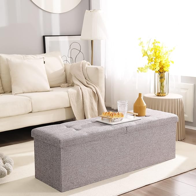 45.3 Inches Foldable Seat Footrest Shoe Bench End of Bed Storage with Flipping Lid, 166L Upholstered Tufted Bench, Linen Fabric Grey
