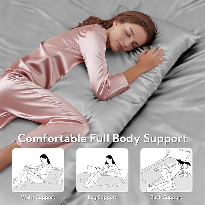 MR&HM Satin Body Pillow Cover, Soft and Breathable Body Pillow Case with Envelope Closure, Cooling and Silky Long Pillowcase for Hair and Skin,Grey (20x54, Silver Grey)