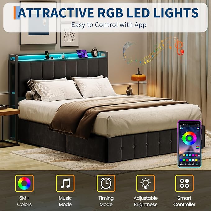 Garvee Queen Size Lift Up Storage Bed with LED Lights, Upholstered Velvet Bed Frame with Storage Headboard & Charging Station, Metal Platform Bed, No Box Spring Needed, Solid Wooden Slats, Black