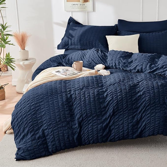 HYMOKEGE Navy Blue Duvet Cover Full Size, Ultra Soft 3-Piece Seersucker Duvet Cover Set with Zipper Closure, Soft Brushed Microfiber Bedding Set with 8 Corner Ties (80"x90", 2 Pillowshams)