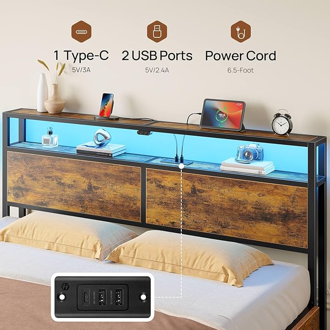 Rolanstar Twin Bed Frame with 4 Storage Drawers, Charging Station and LED Lights, Metal Platform Bed with 2-Tier Storage Headboard, No Box Spring Needed, Easy Assembly, Noise-Free, Rustic Brown