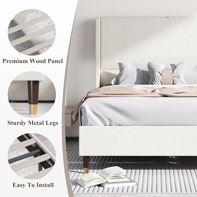 MALOL Queen Size Bed Frame with Upholstered Headboard, Linen Fabric Platform Bed Frame with USB Charging Ports, No Box Spring Needed, Sturdy Metal Support, Noise Free, Modern Bedroom Furniture,Beige