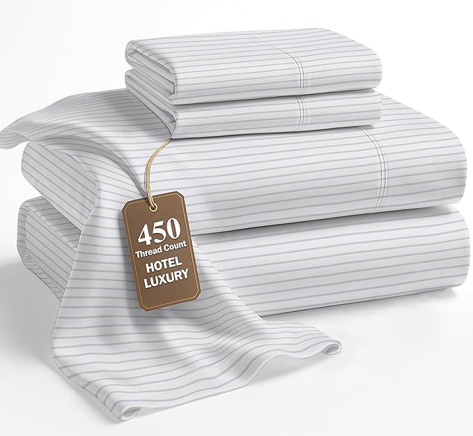 LANE LINEN 100% Cotton Sheets King Size – 450 Thread Count King Size Bed Sheets, Hotel Luxury Soft Silky Sateen Weave, Durable for Year Round Use, Fully Elasticized 15" Deep Pocket – Tickling Stripe