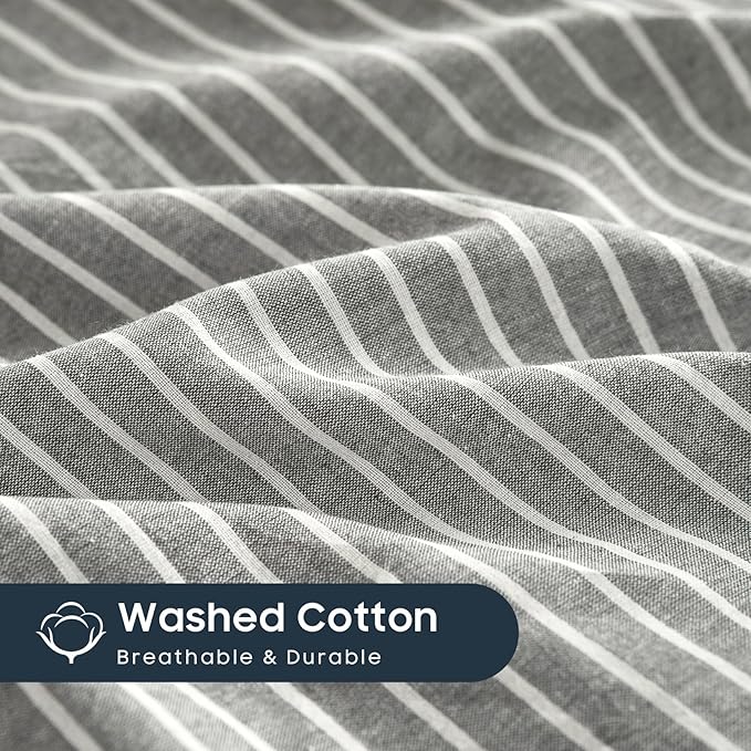 Wake In Cloud - Striped Cotton Duvet Cover Set, 100% Washed Cotton Textured Percale Bedding Set, Ticking Stripe Pinstripe Farmhouse, 3 Pieces, Grey, Full Size