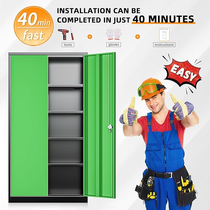 INTERGREAT Storage Cabinet,72”H Garage Steel Locking Cabinets with Doors and 4 Adjustable Shelves, Tall Lockable File Tool Cabinets for Home Office, Metal Classroom Cabinet Basement, Black-Green
