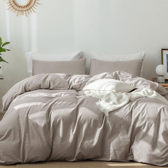 MooMee Bedding Duvet Cover Set 100% Washed Cotton Linen Like Textured Breathable Durable Soft Comfy (Heathered Brownish Grey, Super King Plus 120"x120")