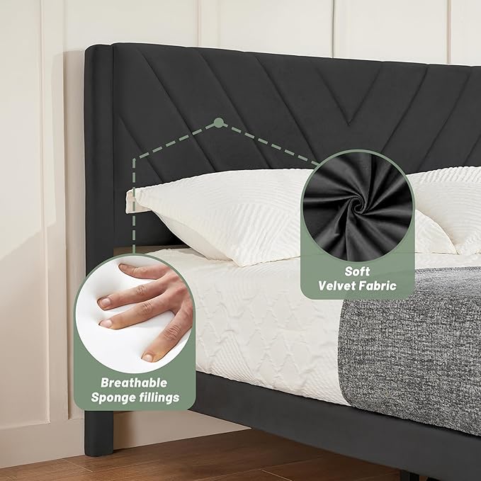 Full Bed Frame with Headboard, Bed Frame Full Size with Sturdy Wooden Slats Support, Platform Bed Frame with Velvet Upholstered Headboard, Mattress Foundation, Easy Assembly, No Box Spring Needed