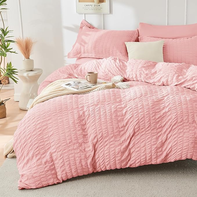HYMOKEGE Rose Pink Twin Comforter Set Seersucker 5 Pieces, All Season Luxury Bed in a Bag for Bedroom, Bedding Set with Comforter, Sheets, Pillowcase & Sham